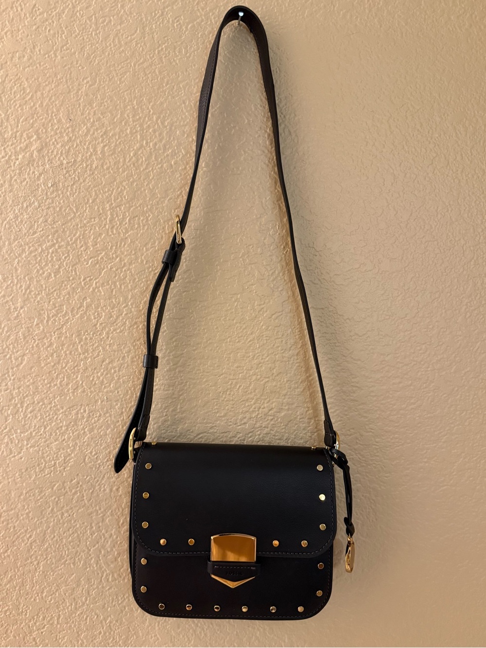 Fossil Black Leather Crossbody Bag with Gold Studs
